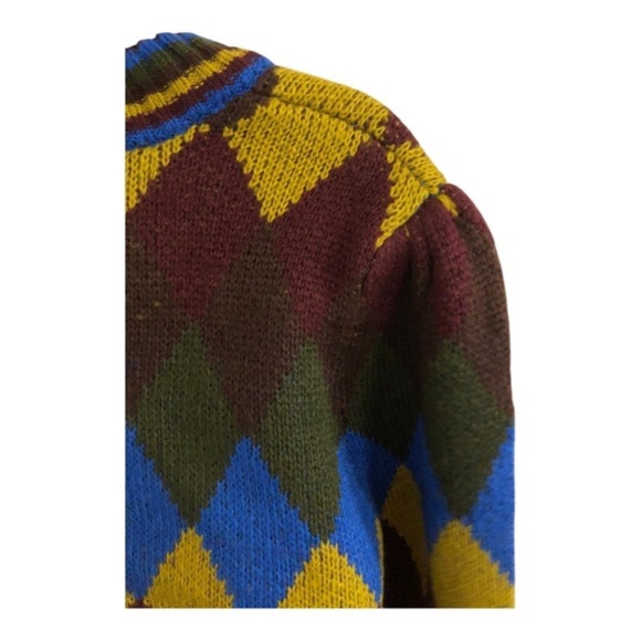 Brown multi argyle look pleated shoulders cuffed sleeves crewneck sweater size L - Picture 4 of 15